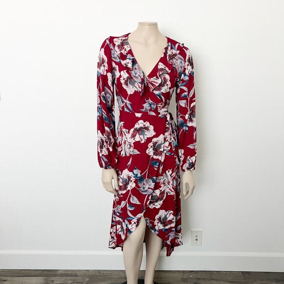 [ModCloth] Sunny Girl Red Floral Print Long Sleeve V-Neck Wrap Midi Dress Sz 10 - Picture 1 of 10